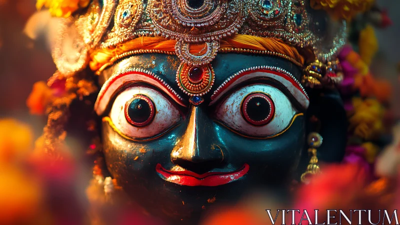 Radiant divine mask glowing with joyful festival colors.