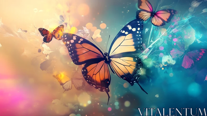 Monarch butterflies in soft abstract bokeh light field.