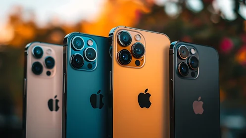 Four modern smartphones stand upright in staggered alignment