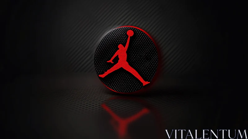 Red silhouette emblem on textured circular black surface.