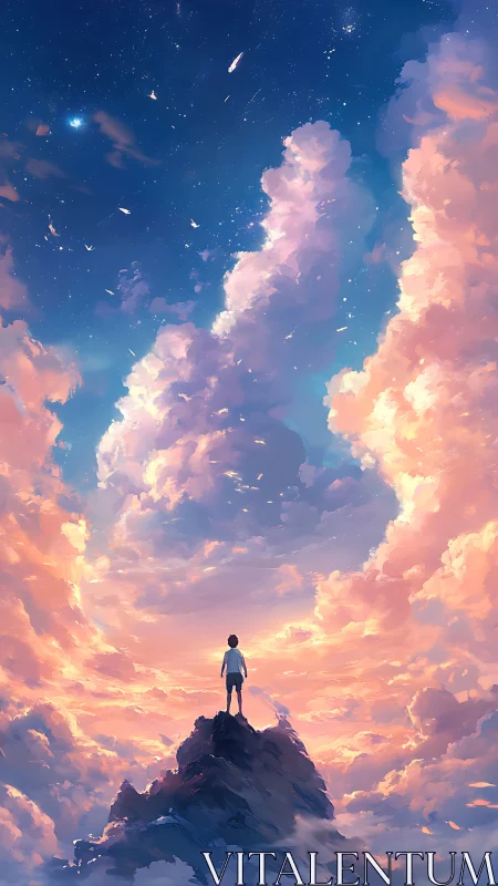 Child standing on a sunlit peak beneath a dreamy sky.
