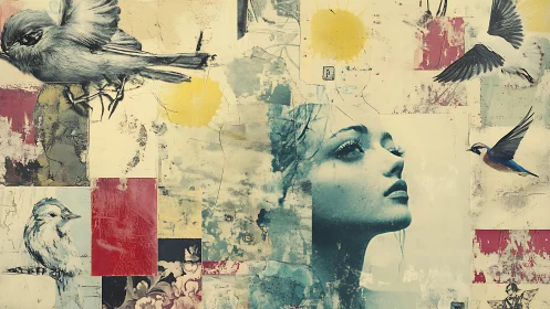 Mixed-media collage portrait with avian studies and weathered grounds.