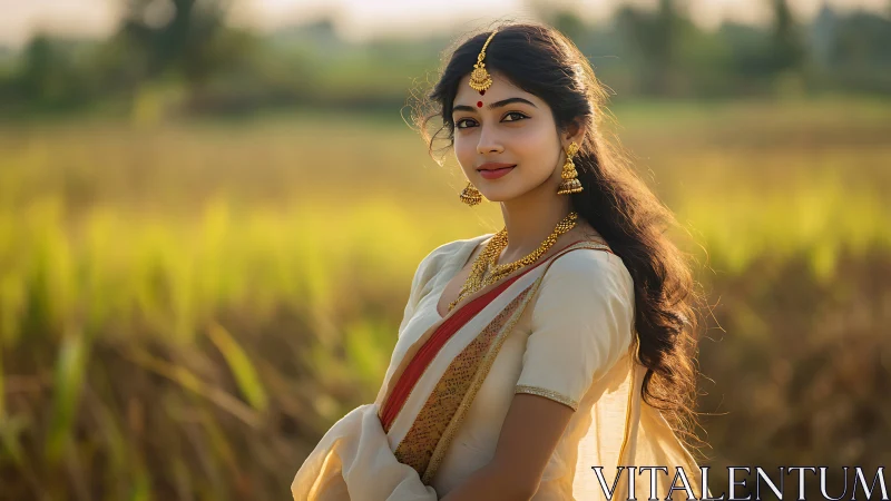 Golden village muse in traditional saree beneath soft sun.