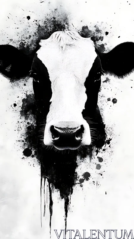 Monochrome cow portrait merges ink splatter and precision linework.