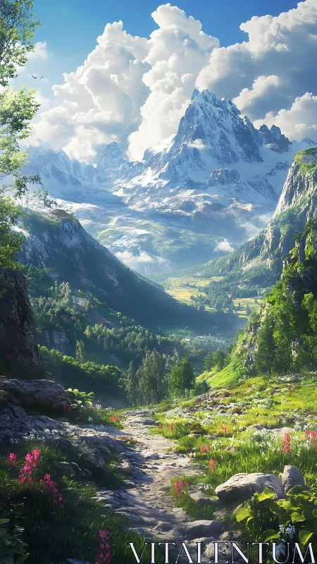 High-altitude alpine valley trail with glaciated peak panorama