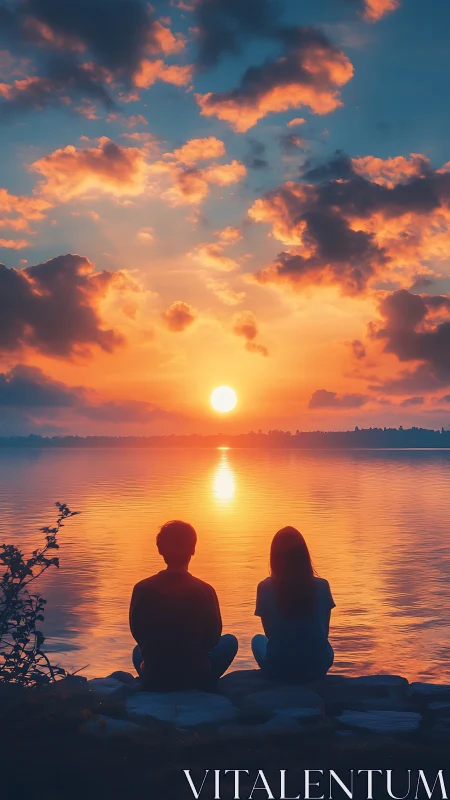 Two silhouettes watch a glowing lake sunset in quiet harmony
