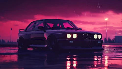 Retro coupe under neon rain on reflective parking lot.