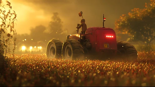 Autonomous red tractor in sunlit agricultural field at dusk.