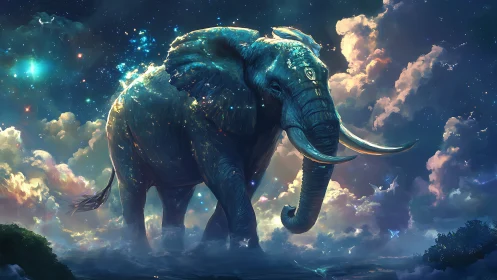 Celestial elephant striding through luminous cosmic clouds.