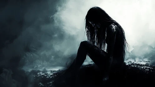 Shadow-drenched siren curls inward beneath a drowning sky