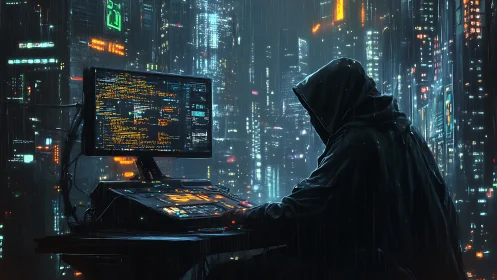 Rain-drenched cyberpunk hacker at neon city terminal.