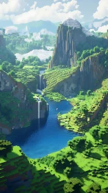 Voxel mountain valley with luminous river and cliffs.
