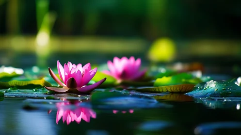 Pink water lilies rest on a pond surface with clear reflections
