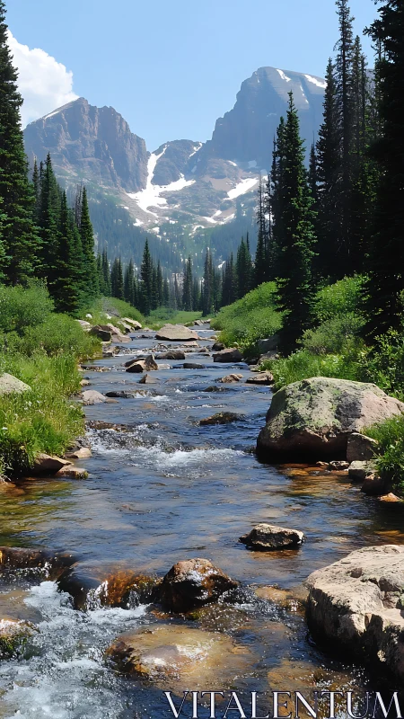 Mountain creek cutting through pine forest toward snowy peaks.