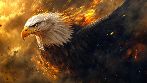 Majestic Bald Eagle Surrounded by Fiery Clouds in Digital Art.