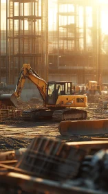 Tracked excavator in urban high‑rise construction site at dawn.