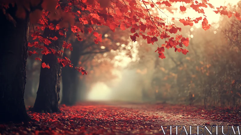 Crimson leaves whisper along a misty autumn forest road