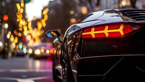 Rear view of black sports car in evening city traffic scene.