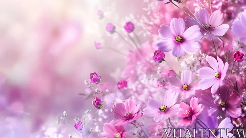 Pink cosmos flowers bloom in soft focus garden gradient