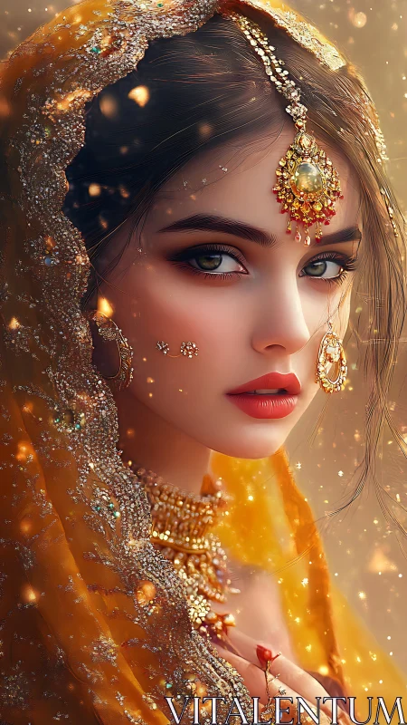 Portrait of woman in ornate yellow veil and jewelry.