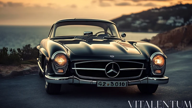 Classic black Mercedes coupe parked on coastal road at dusk.