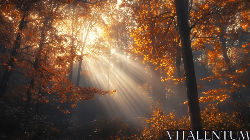 Sunlight penetrating mist in dense autumn deciduous forest.