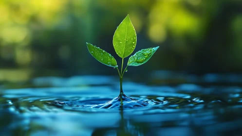 Sprouting leaf trio rises from luminous rippling water.