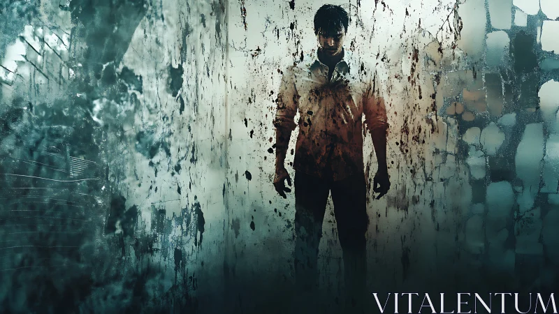 Shadowed survivor stands in a haunting, bloodstained corridor