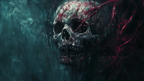 Eroded skull emerges from shadowed void with crimson veined tendrils