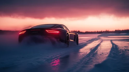 Crimson tail lights carve frozen twilight on a racing coupe.