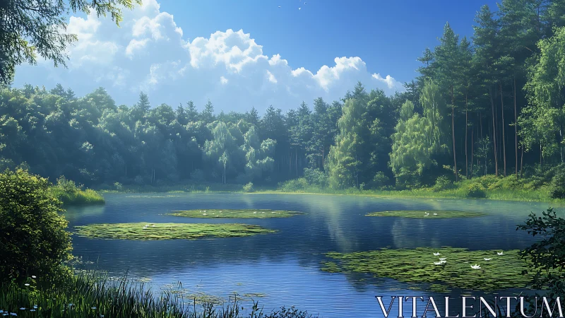 Lilies drift like quiet thoughts across a summer forest lake