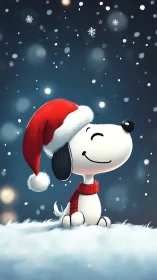 Cartoon dog in Christmas attire gazes upward at falling snow