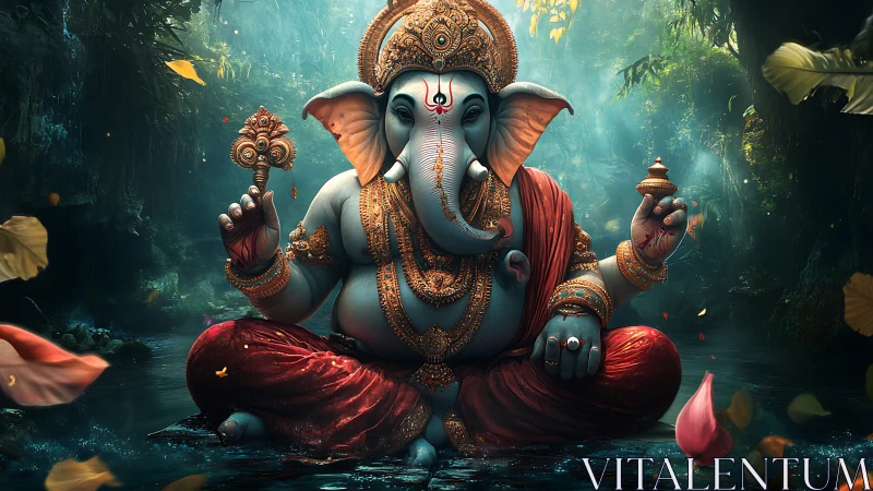 Ganesh statue sits in ornate pose within misty forest stream
