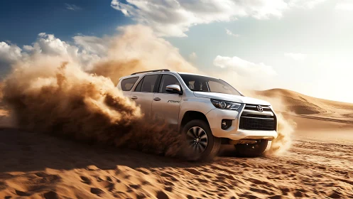 White SUV driving through sandy desert dunes in daylight.