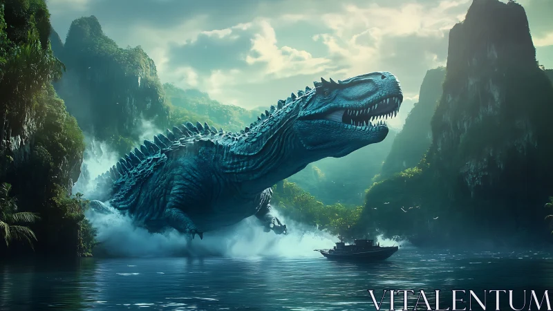 Colossal jungle dinosaur erupts from misty river canyon.