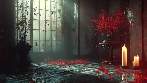Volumetric-lit chamber with drifting red petal turbulence.
