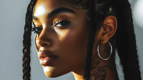 Sunlit braids and silver hoops in quiet, powerful focus.