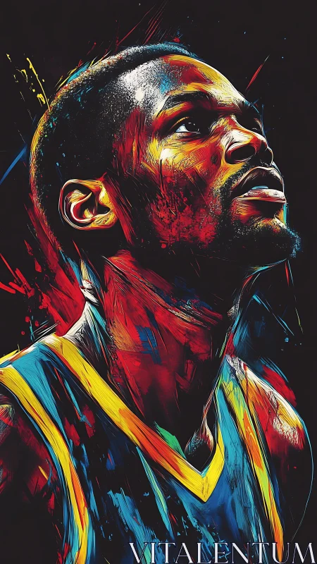 Dynamic neon portrait of focused basketball player, upward gaze