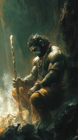 Mythic simian warrior meditating in cavern firelight with staff