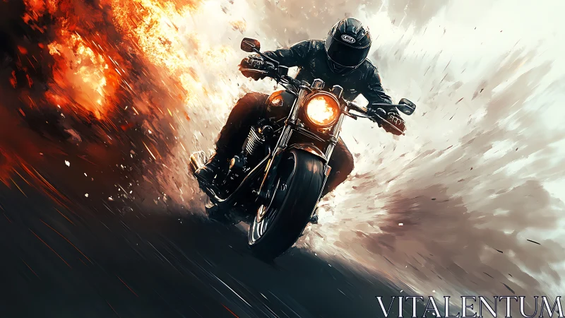 Dynamic motorcycle rider bursting through cinematic explosion.