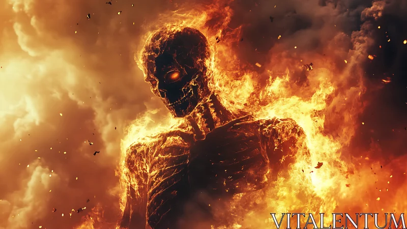 Flaming skeletal titan emerges from roaring inferno clouds
