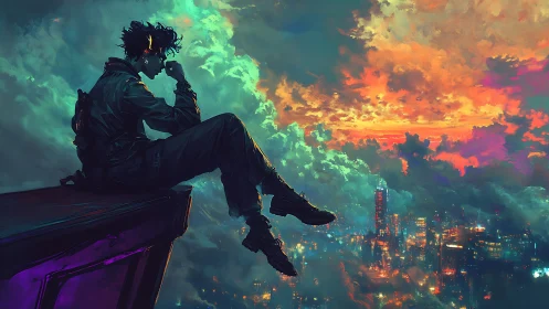 Silhouetted figure sits above neon city under vivid clouds