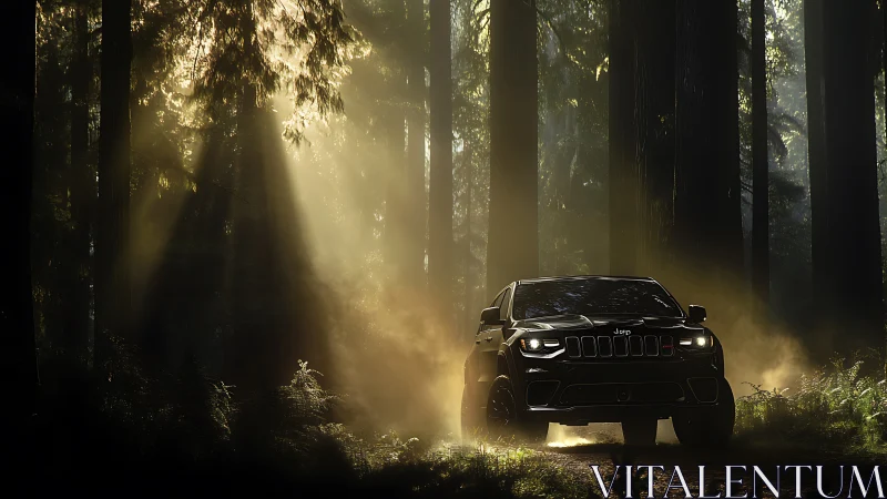 Jeep SUV drives through dense forest in angled sunlight.