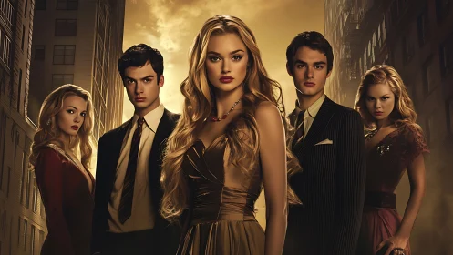 Gilded city heirs pose beneath a simmering twilight sky