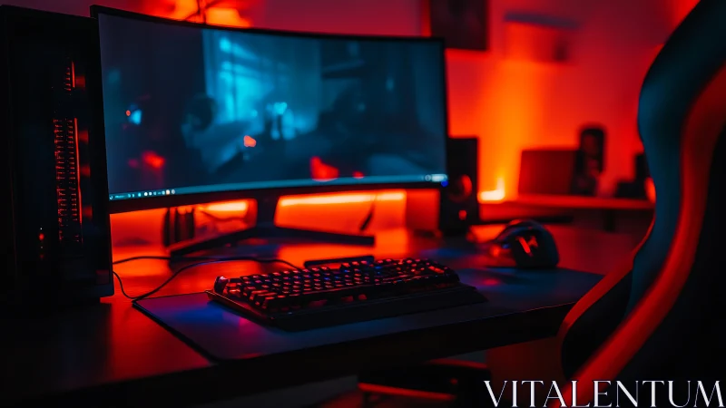 Curved gaming monitor glows in a neon red and blue battlestation