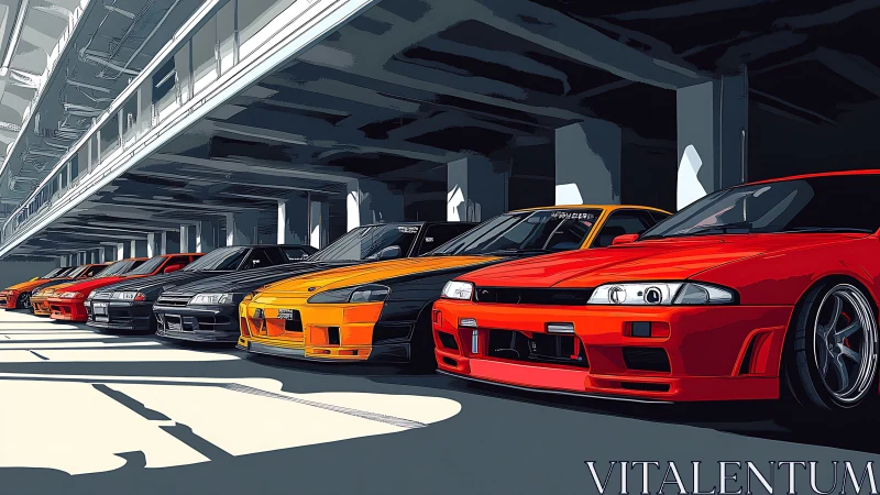 Digital lineup of tuned sports cars in urban parking garage.