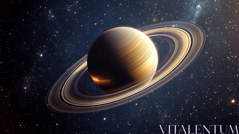 Ringed gas planet with illuminated rings in star field.