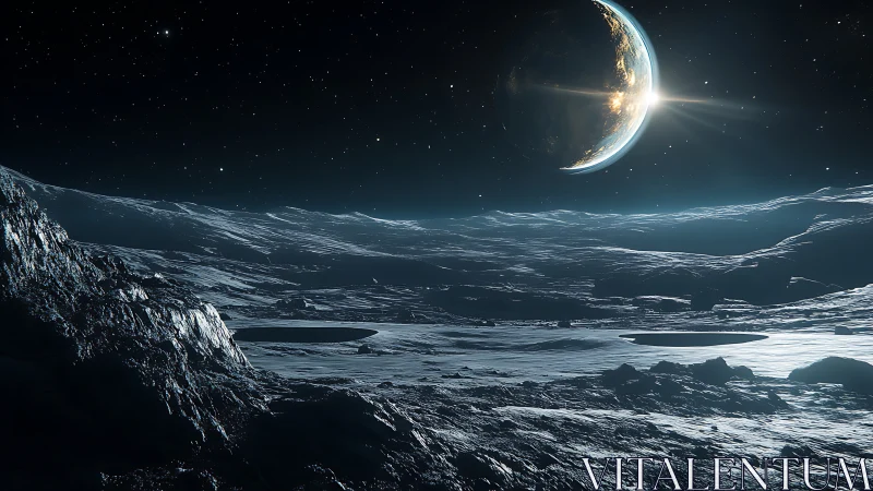 Lunar-like icy terrain under distant illuminated planet.