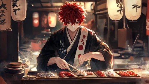 Red haired sushi chef in traditional yukata at lantern lit stall