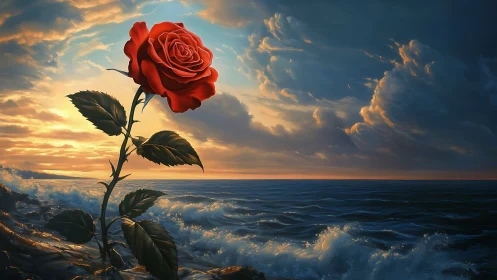 Surreal red rose rising over stormlit ocean horizon at dusk.